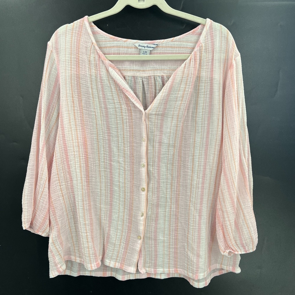Tommy Bahama lightweight cotton gauze striped button front shirt relaxed top L - Picture 8 of 8